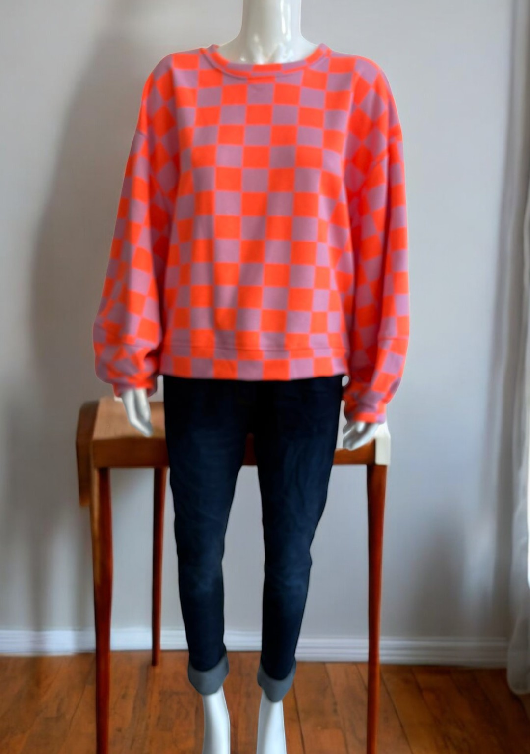 Made in Italy Balloon Sleeve Check Sweat Top