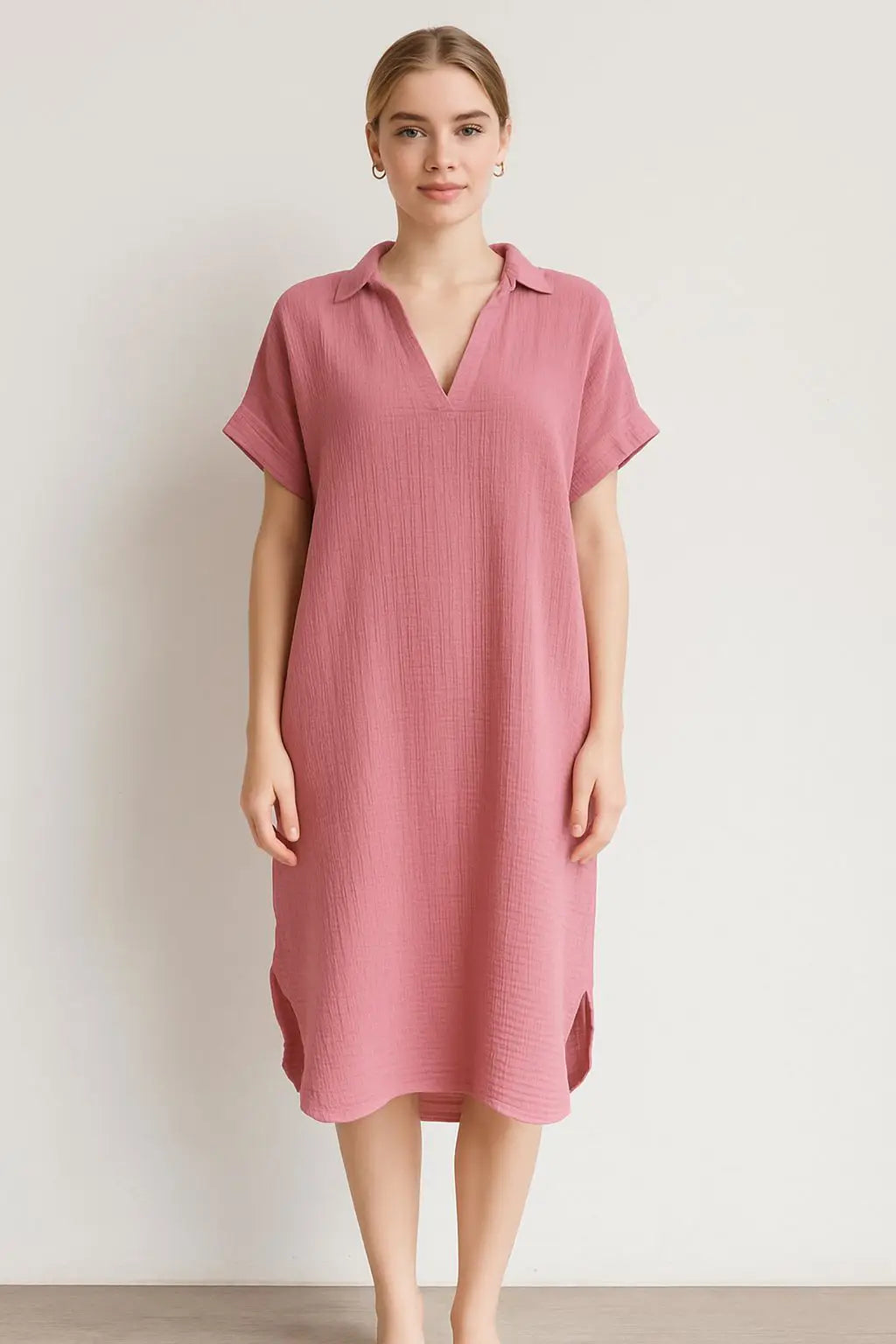 Waffle Cotton V Neck Shirt Dress