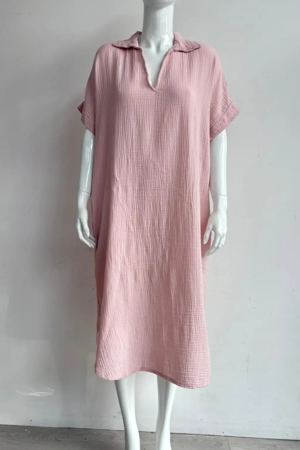 Waffle Cotton V Neck Shirt Dress