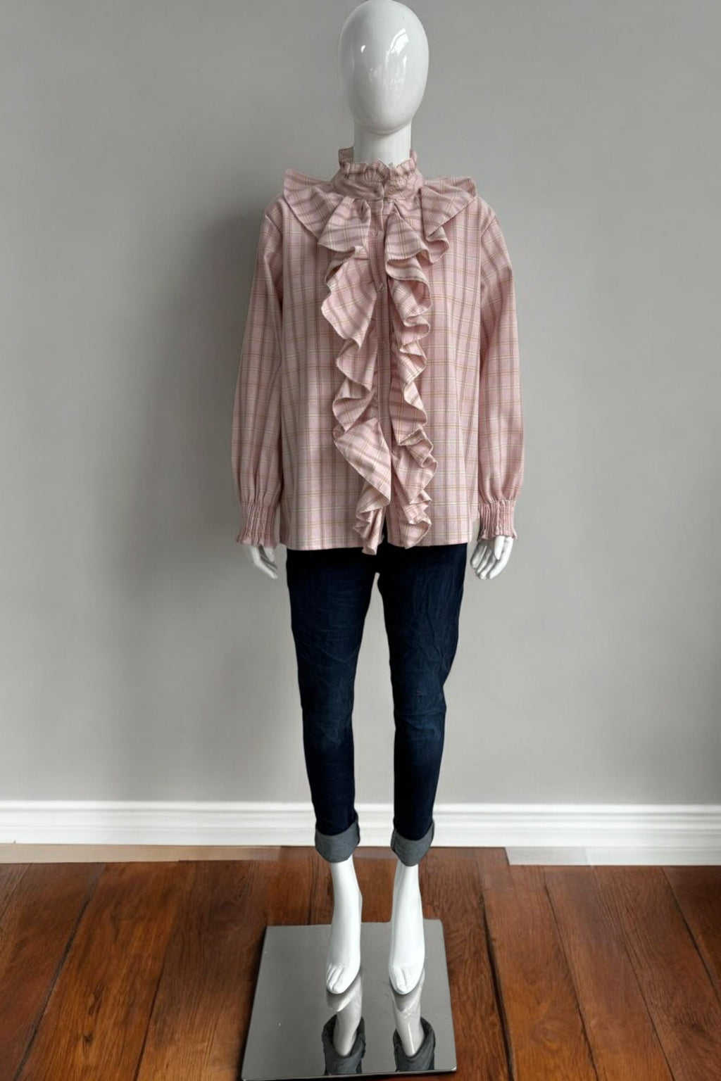 Made in Italy Cotton Plaid Frill Blouse