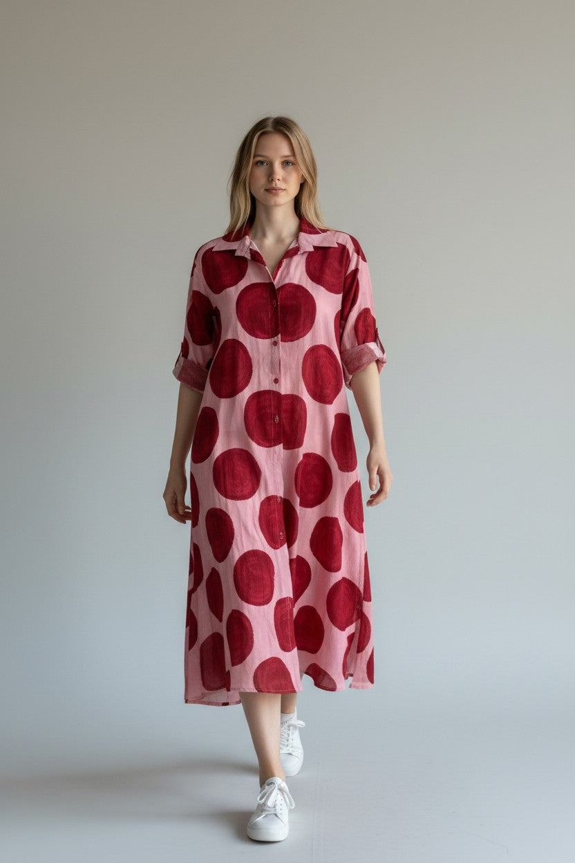 Cotton A Line Circle Print Shirt Dress