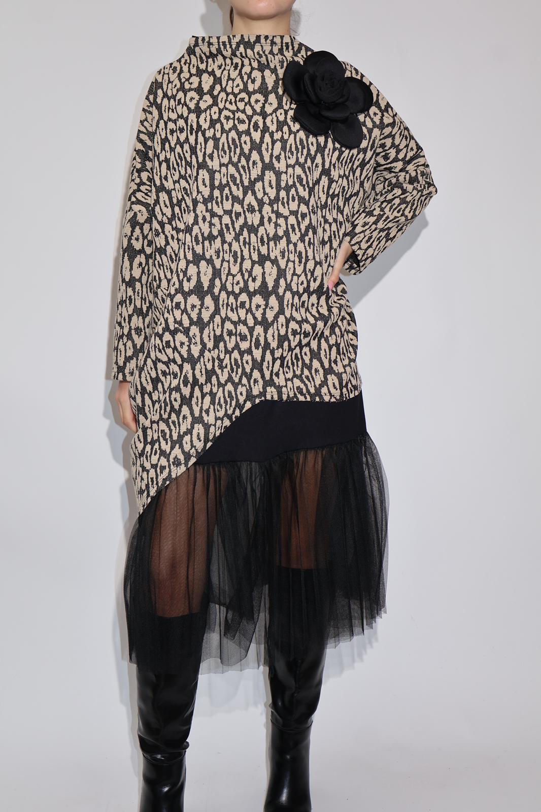 Made in Italy Corsage Leopard Print Asymmetric Tulle Dress