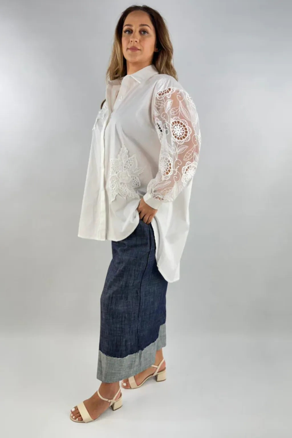Made in Italy Lace Crochet Sleeve Flower Shirt