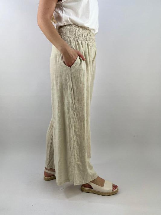 Made in Italy Linen Shirred Elasticated Palazzo Pant