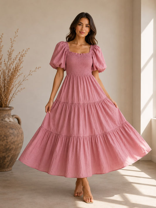 Cotton Shirred Elasticated Puffball Sleeve Bardot Dress