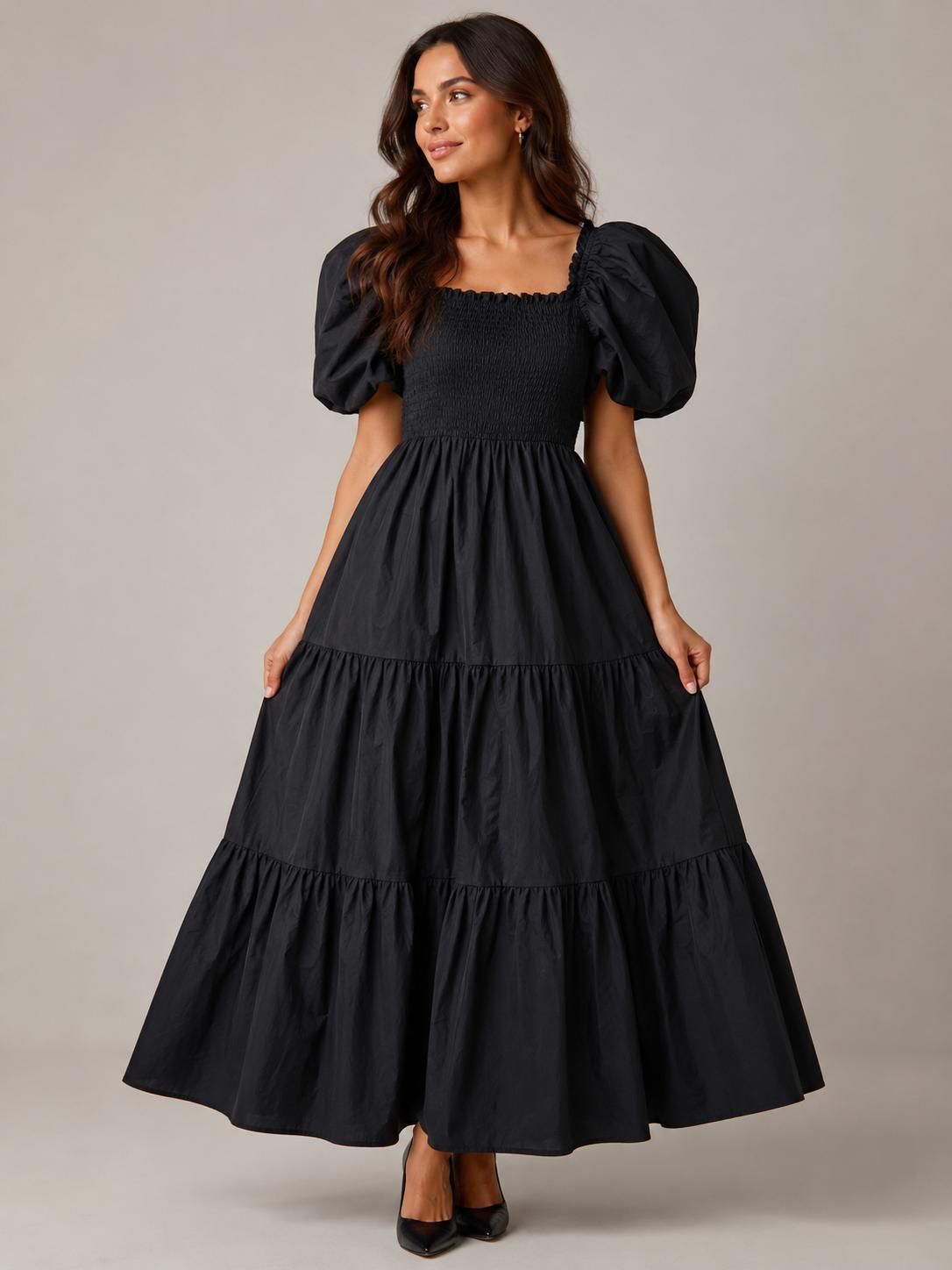 Cotton Shirred Elasticated Puffball Sleeve Bardot Dress