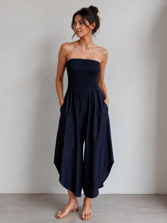 Made in Italy Shirred Elastic Bandeau Denim Jumpsuit