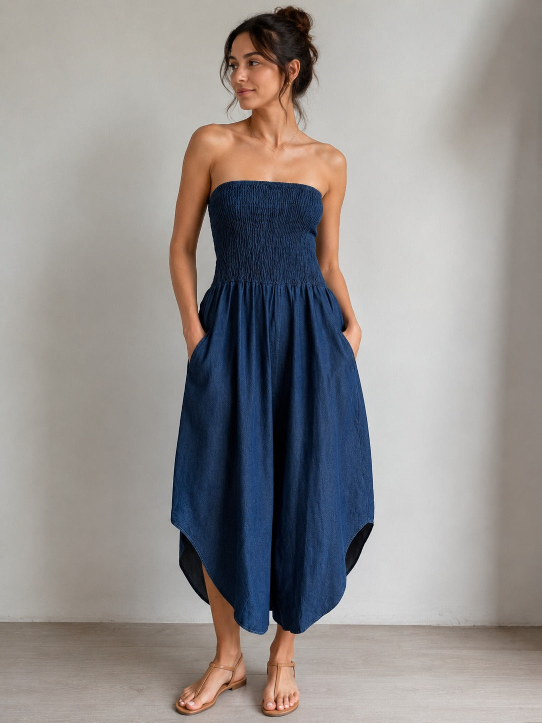 Made in Italy Shirred Elastic Bandeau Denim Jumpsuit