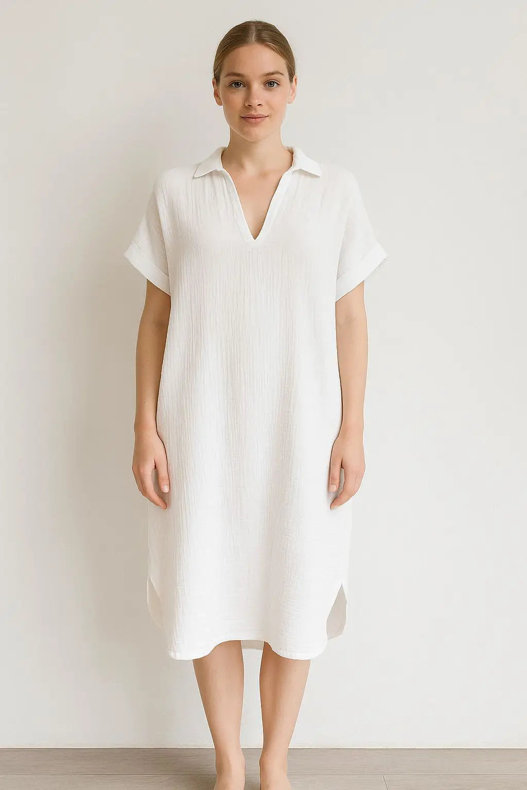 Waffle Cotton V Neck Shirt Dress