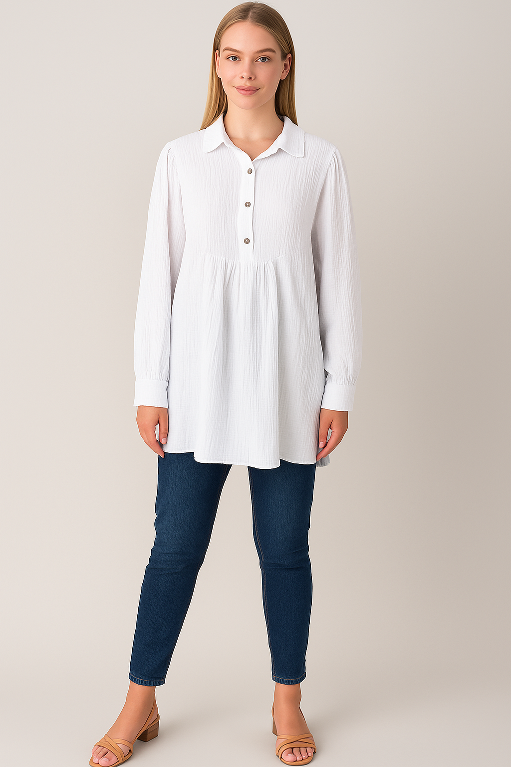 Cotton Smock button Neck Shirt