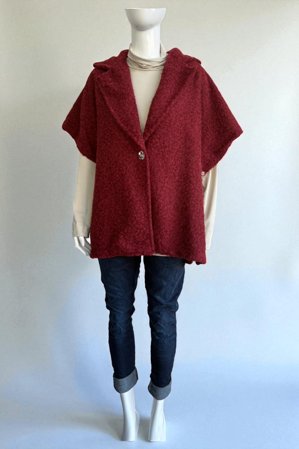 Women's Textured Wool Sleeveless Cape Jacket with Side Buttons