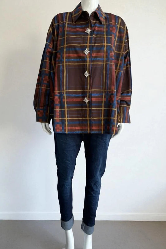 Zetaotto Diamante Floral Button Check Shirt