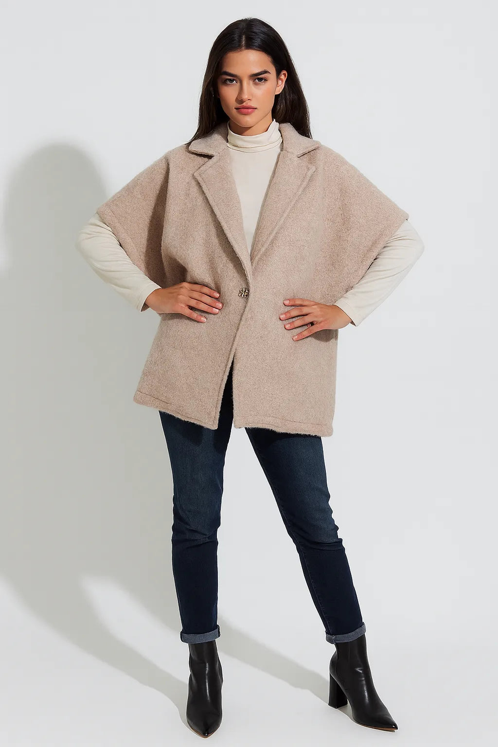 Women's Textured Wool Sleeveless Cape Jacket with Side Buttons