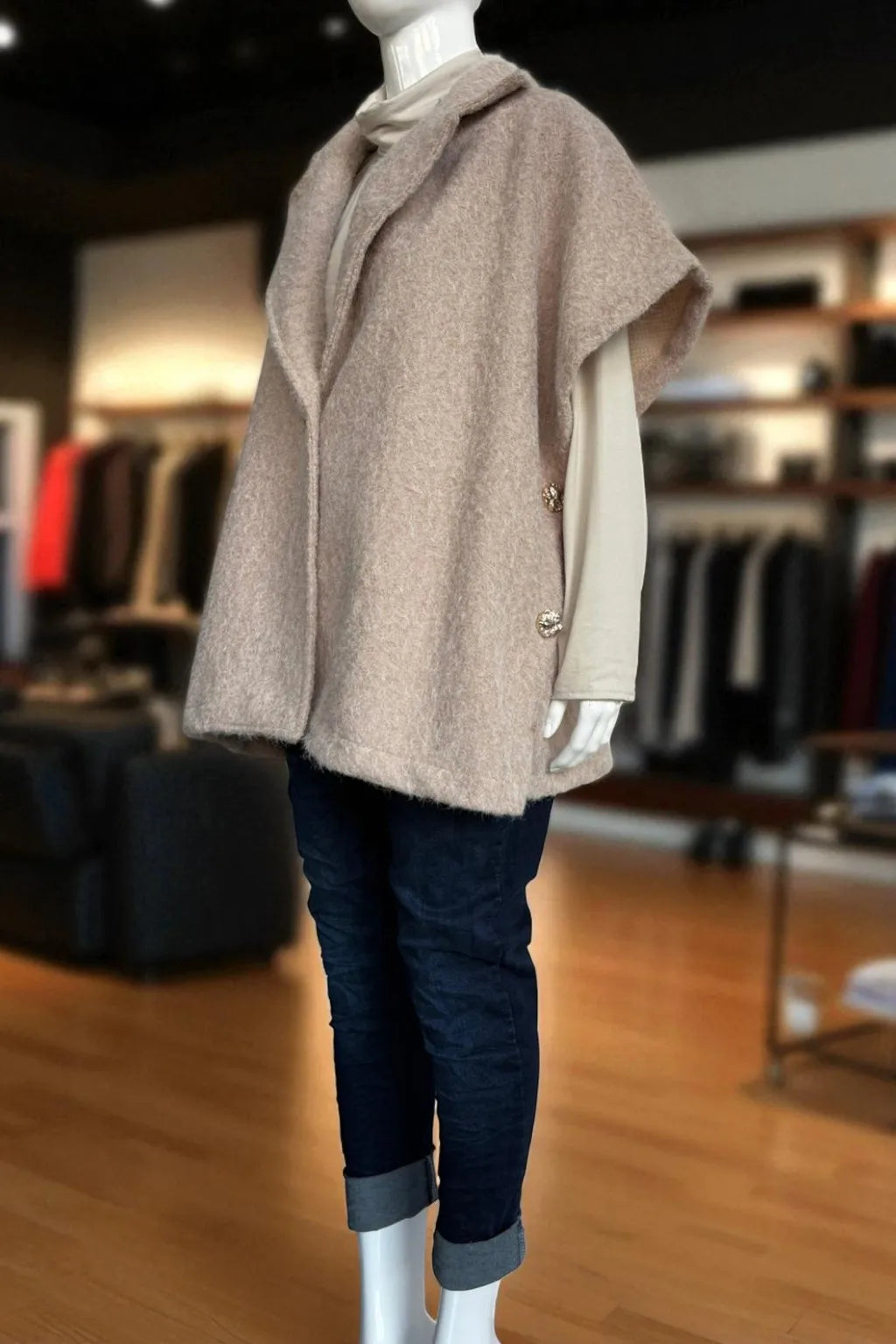 Women's Textured Wool Sleeveless Cape Jacket with Side Buttons