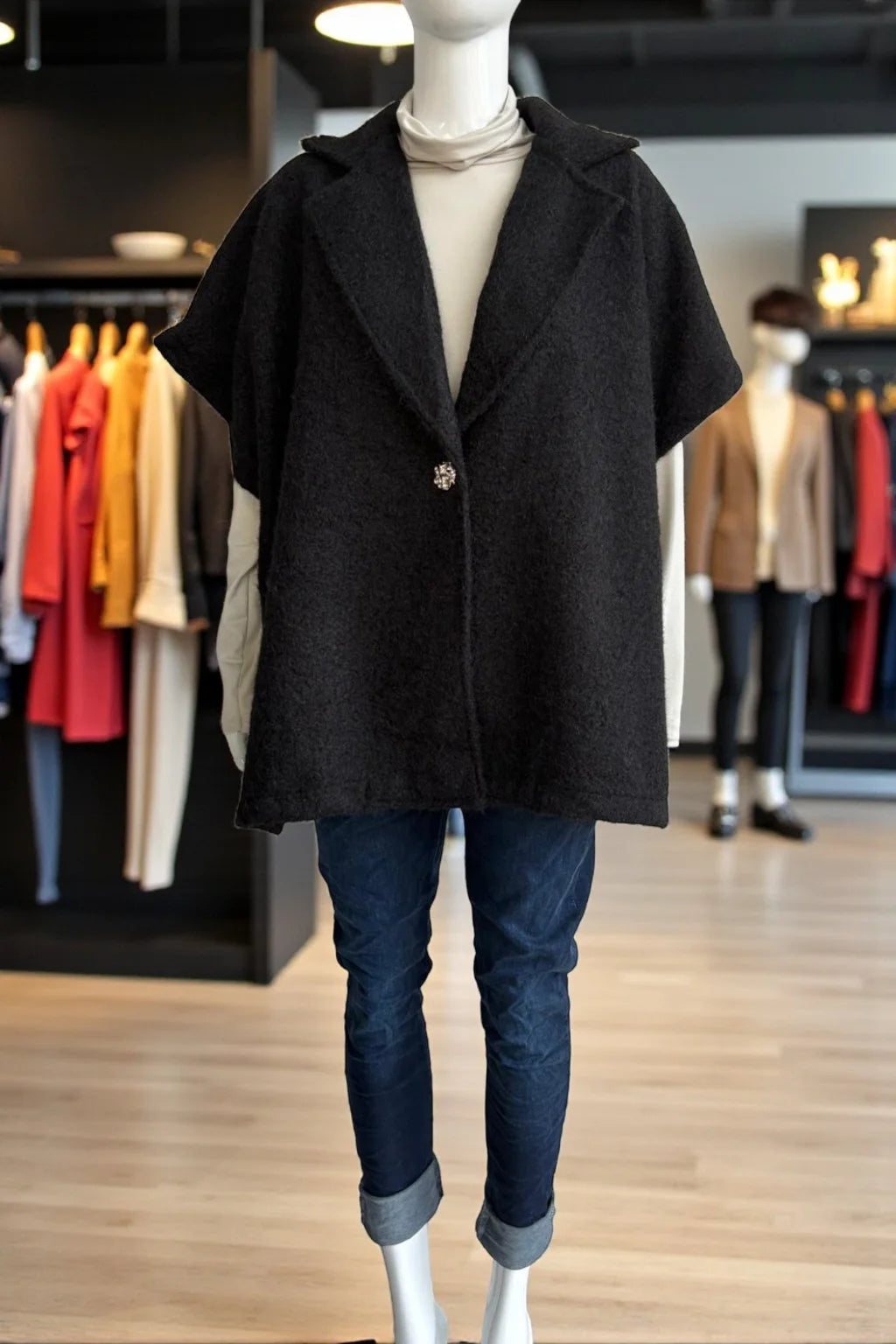 Women's Textured Wool Sleeveless Cape Jacket with Side Buttons