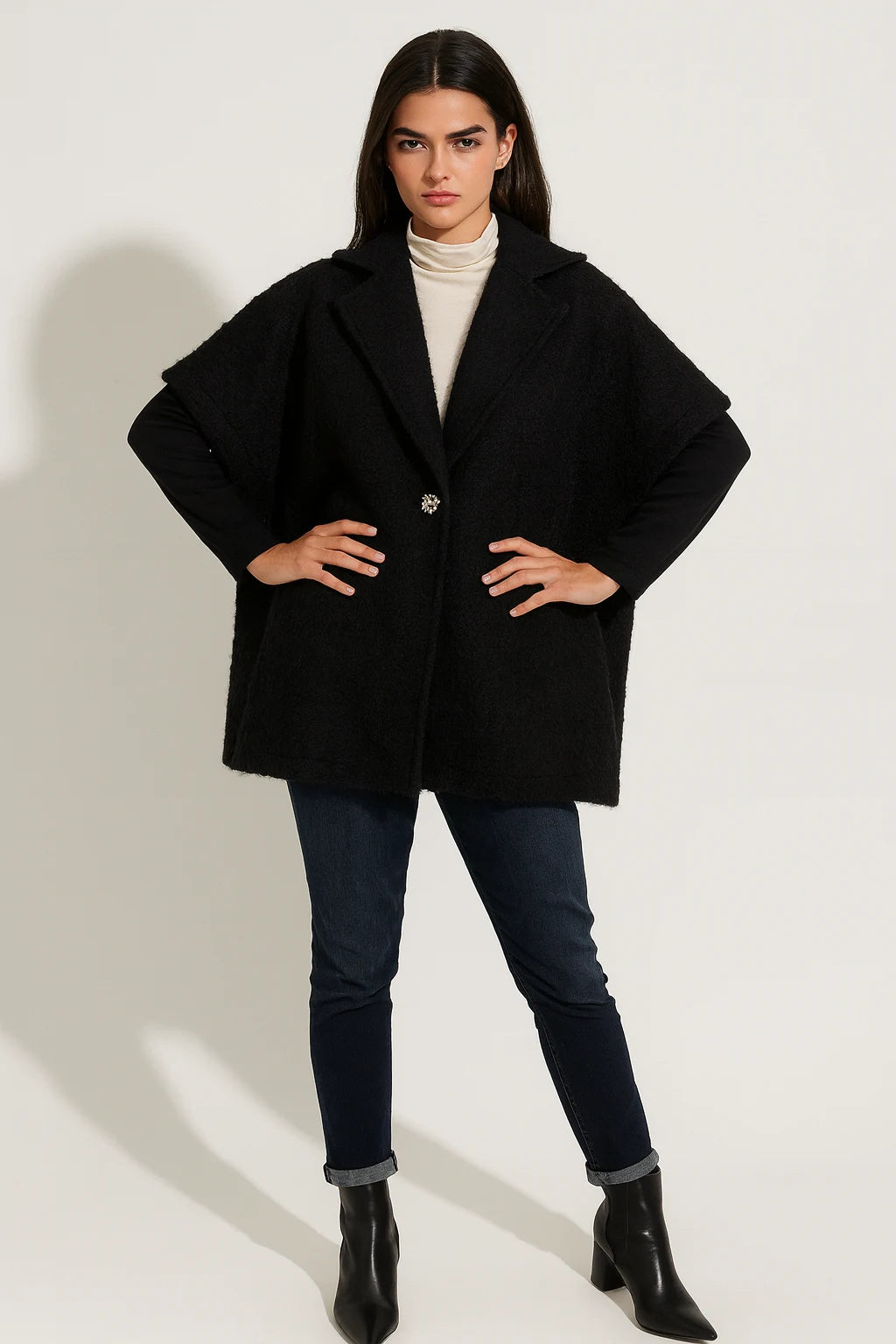 Women's Textured Wool Sleeveless Cape Jacket with Side Buttons