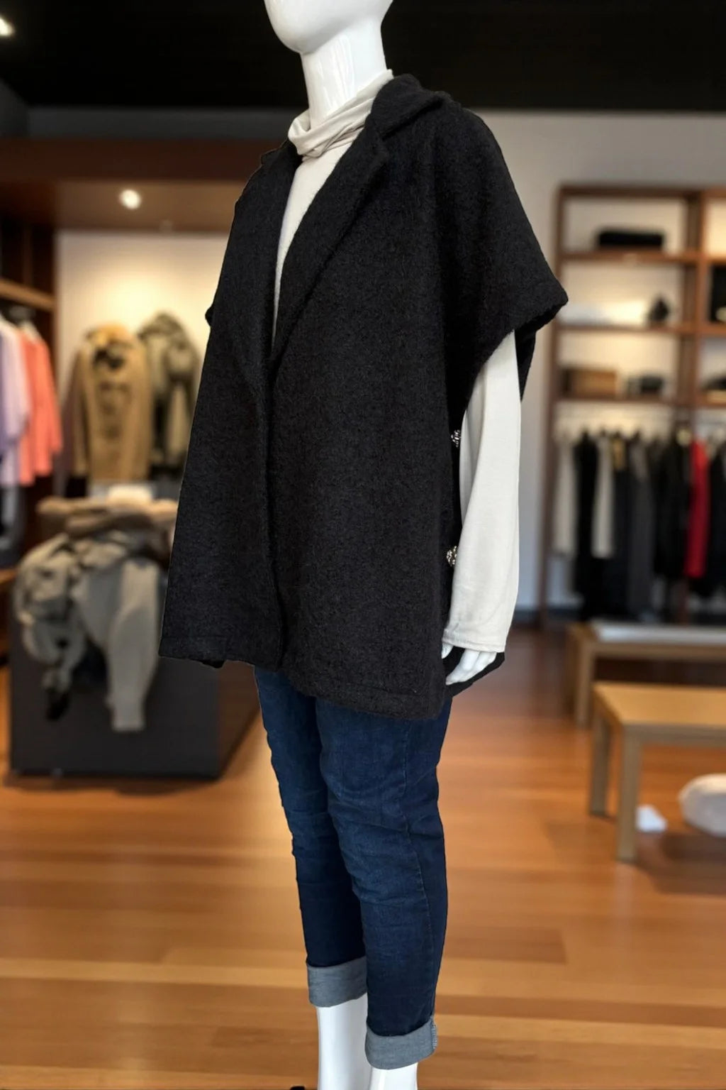 Women's Textured Wool Sleeveless Cape Jacket with Side Buttons