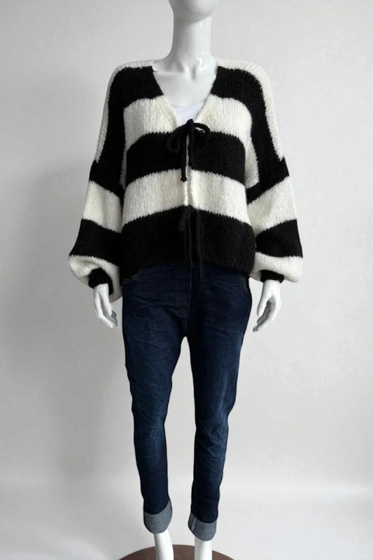 Wool Stripe Tie Front Cardigan