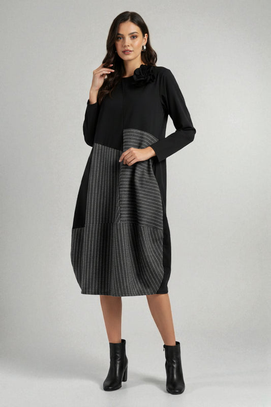 Asymmetric Patchwork Dress with Pinstripe Partywear