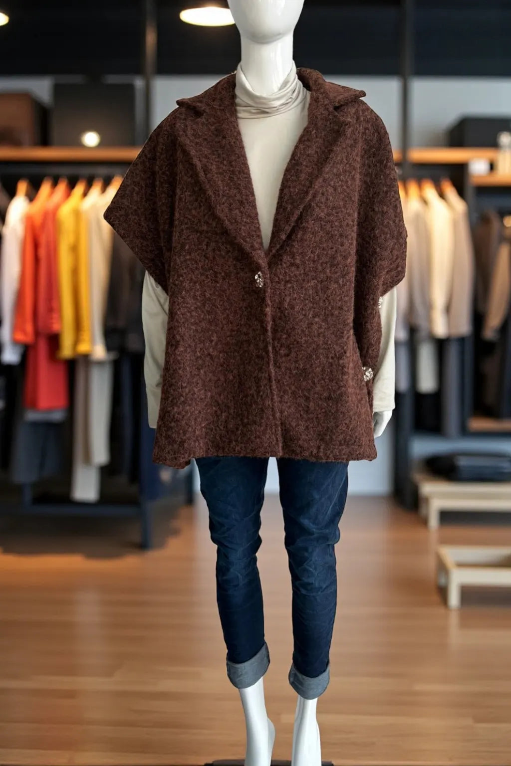 Women's Textured Wool Sleeveless Cape Jacket with Side Buttons