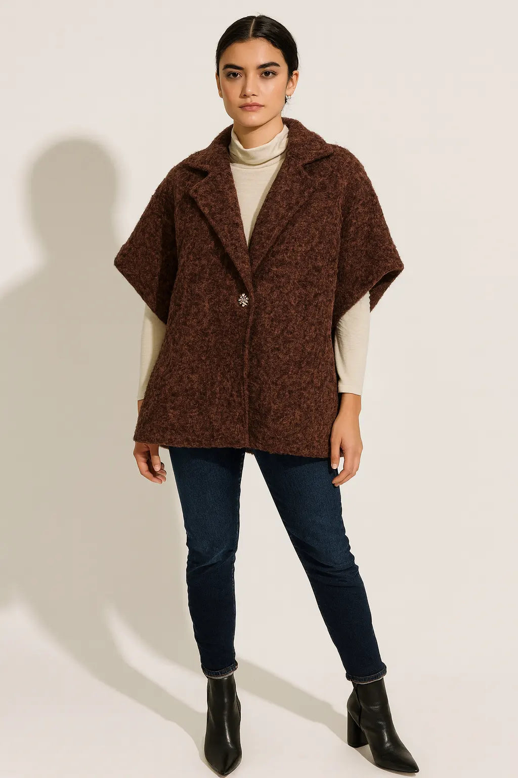 Women's Textured Wool Sleeveless Cape Jacket with Side Buttons