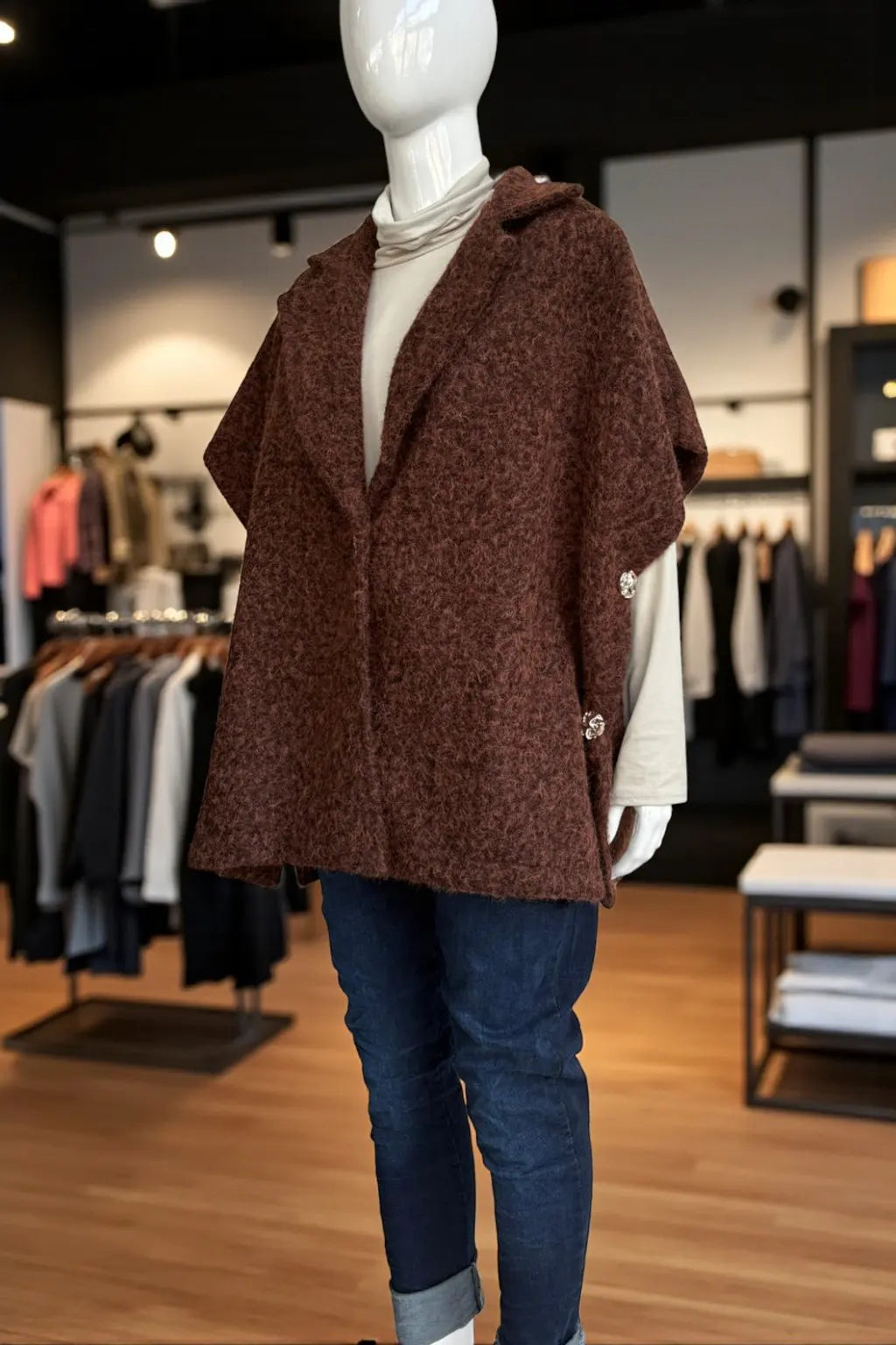 Women's Textured Wool Sleeveless Cape Jacket with Side Buttons
