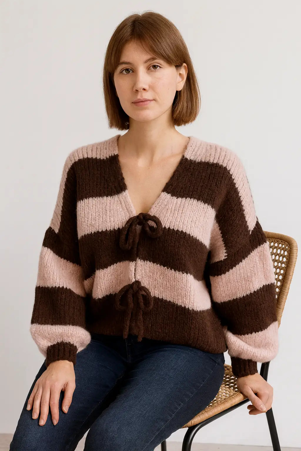 Wool Stripe Tie Front Cardigan