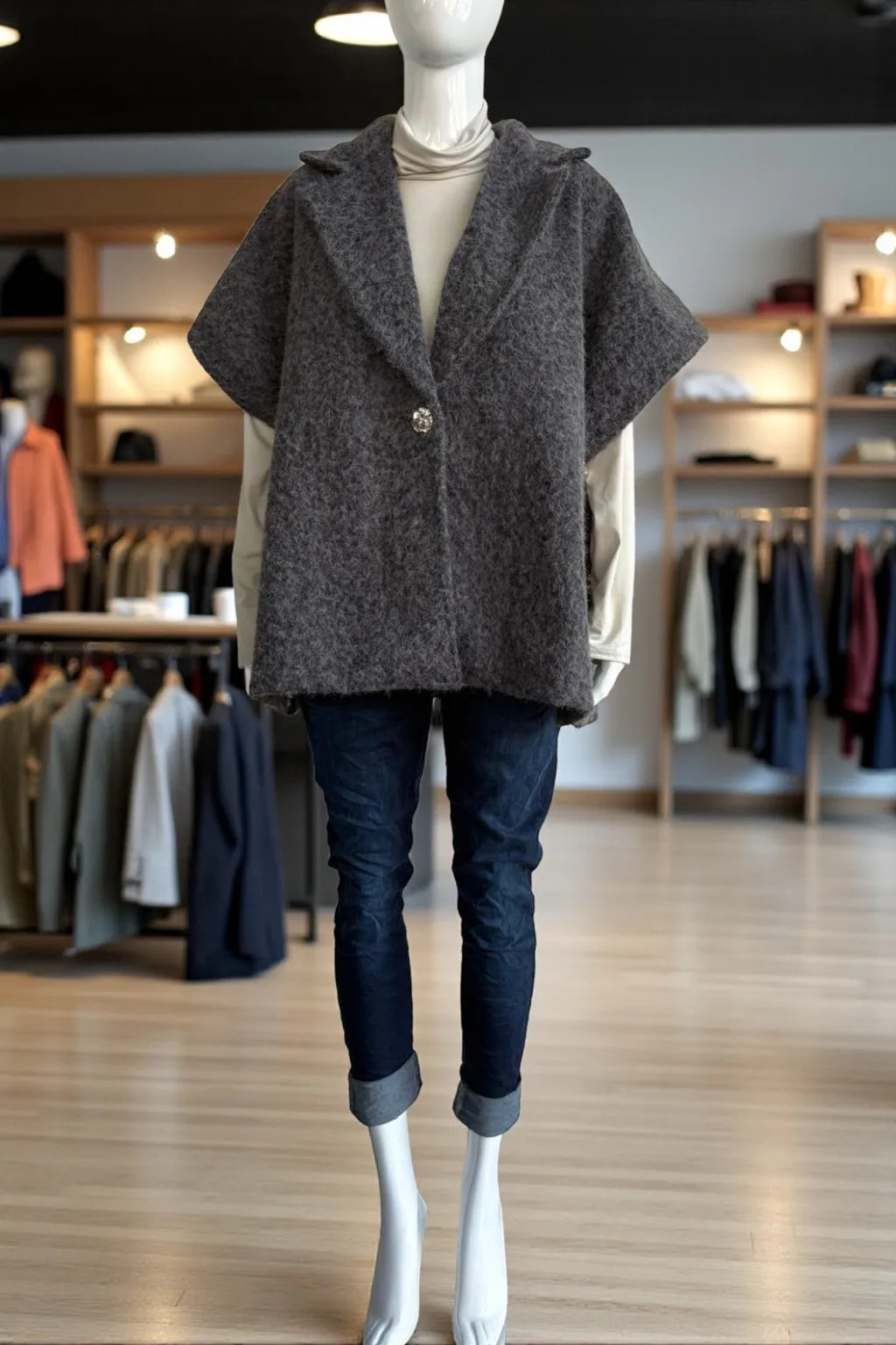 Women's Textured Wool Sleeveless Cape Jacket with Side Buttons