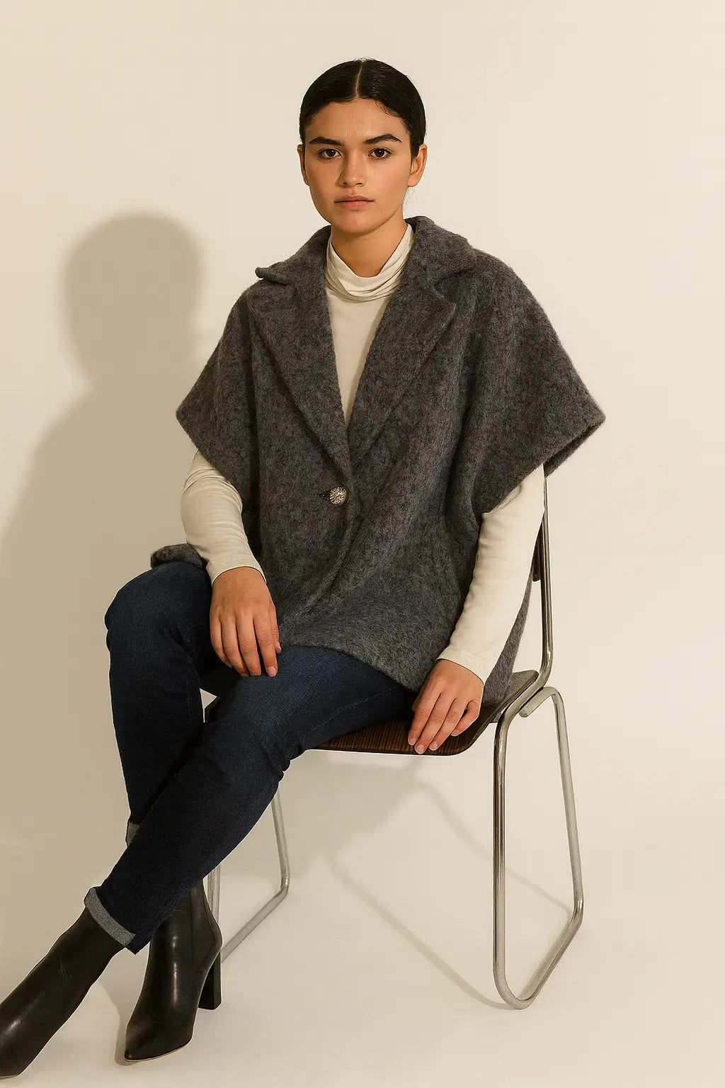 Women's Textured Wool Sleeveless Cape Jacket with Side Buttons