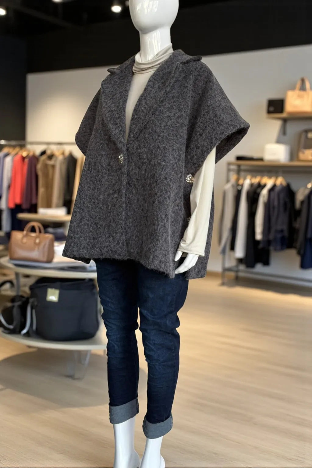 Women's Textured Wool Sleeveless Cape Jacket with Side Buttons