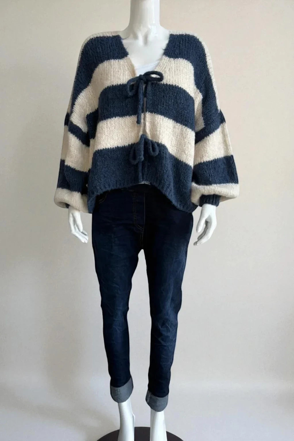 Wool Stripe Tie Front Cardigan