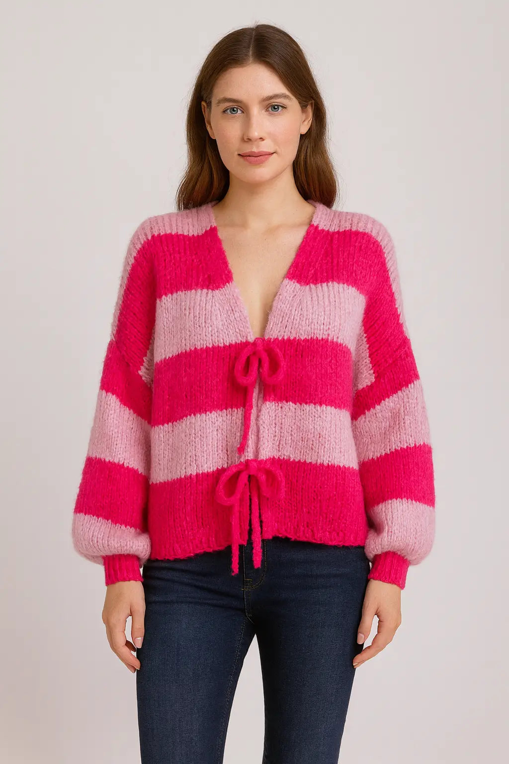 Wool Stripe Tie Front Cardigan