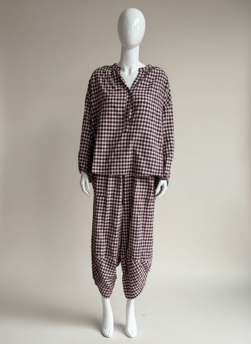 Gingham Button Neck Blouse