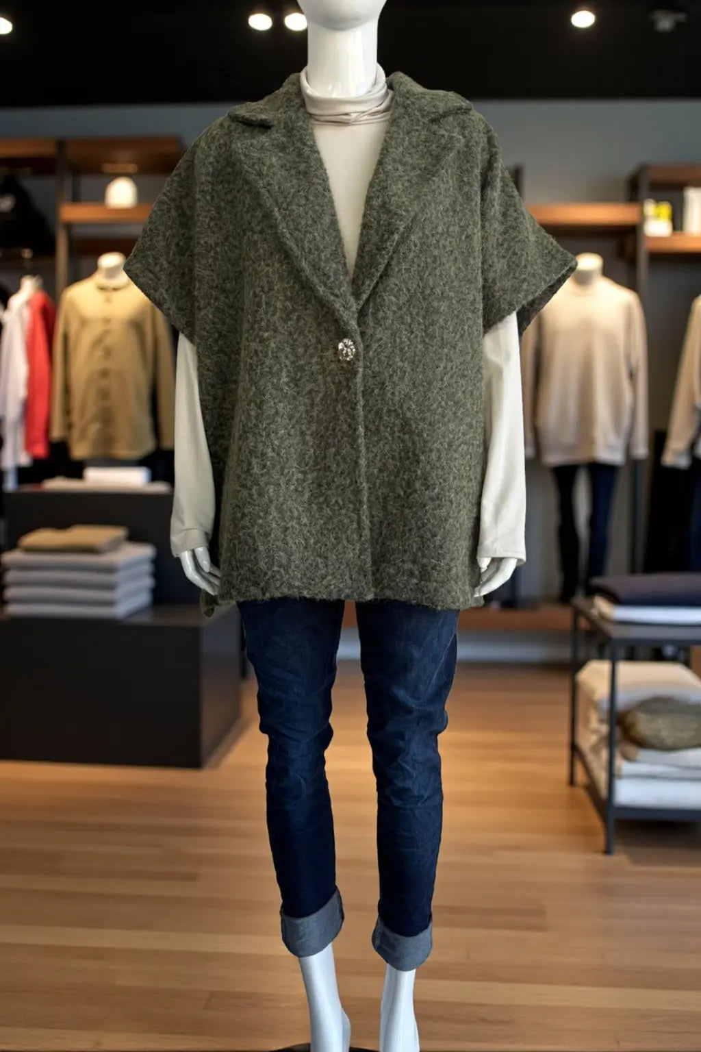 Women's Textured Wool Sleeveless Cape Jacket with Side Buttons