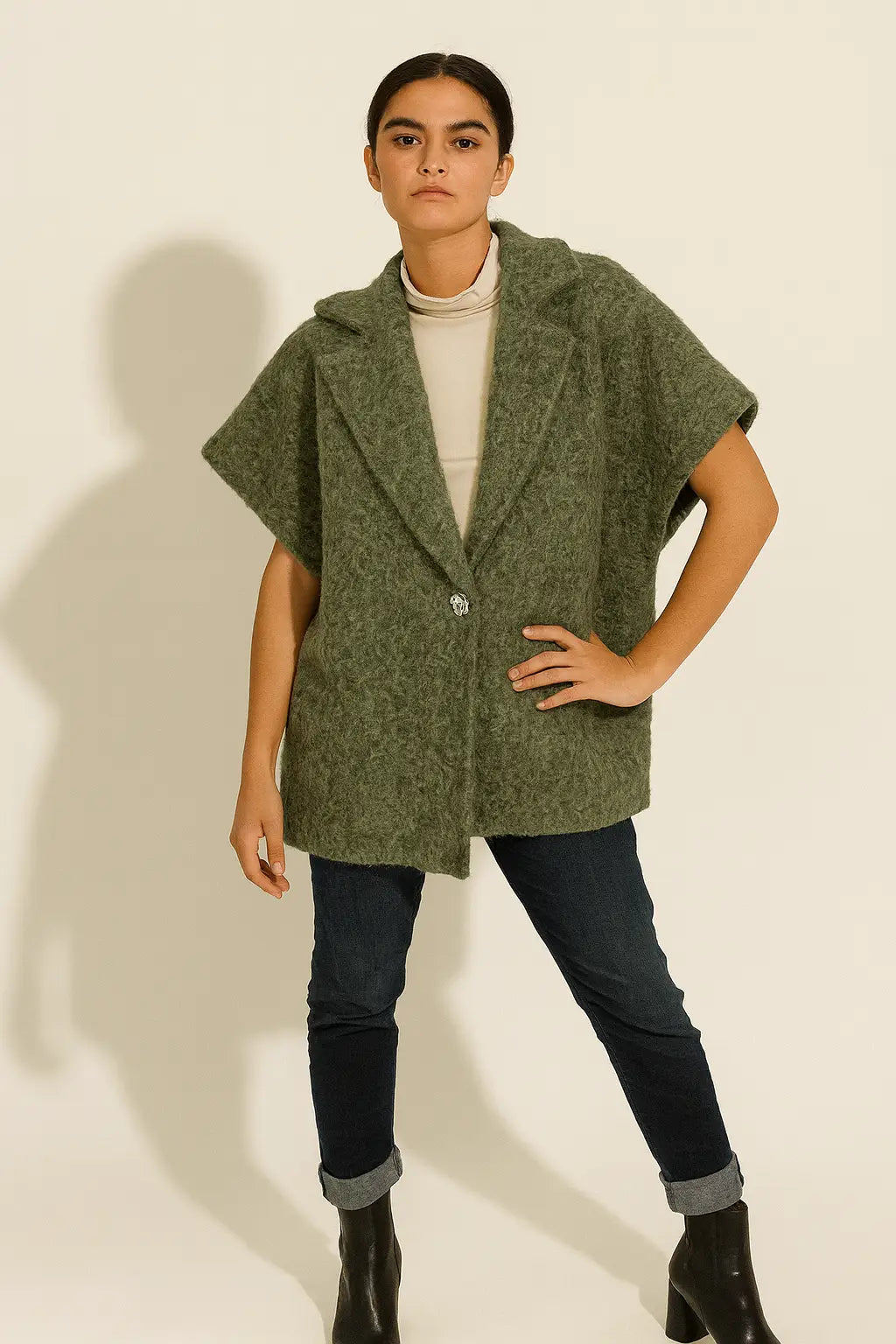 Women's Textured Wool Sleeveless Cape Jacket with Side Buttons