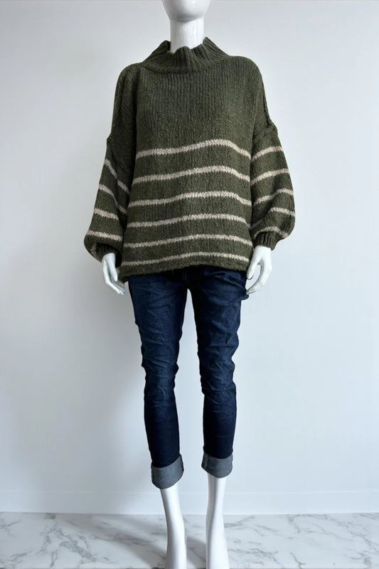 Wool Stripe Balloon Sleeve Jumper