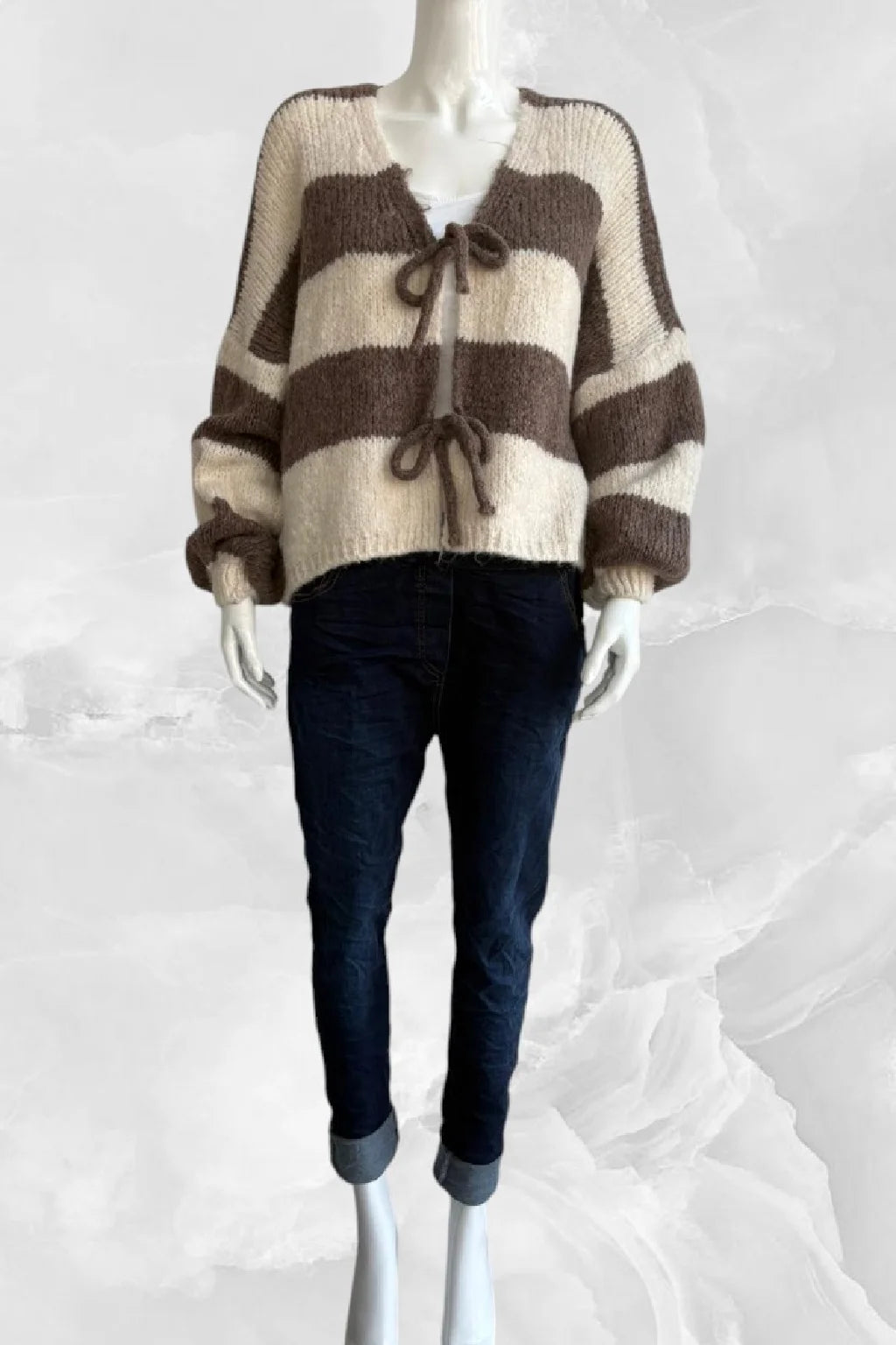 Wool Stripe Tie Front Cardigan