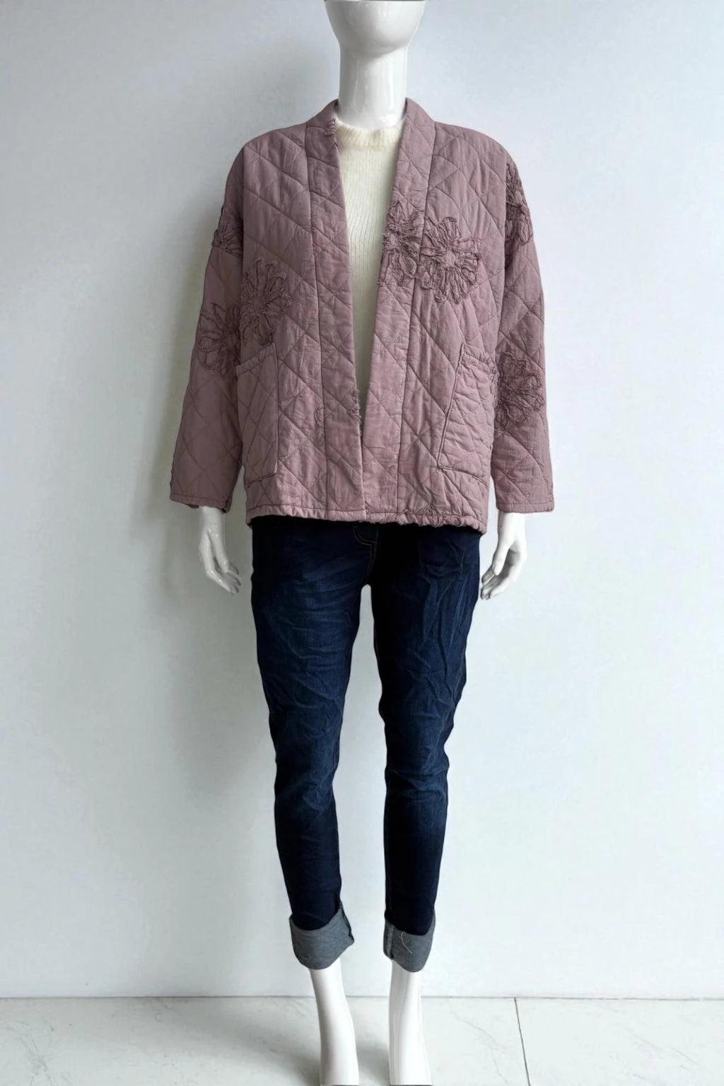 Quilted Kimono-Style Jacket with Floral Embroidery