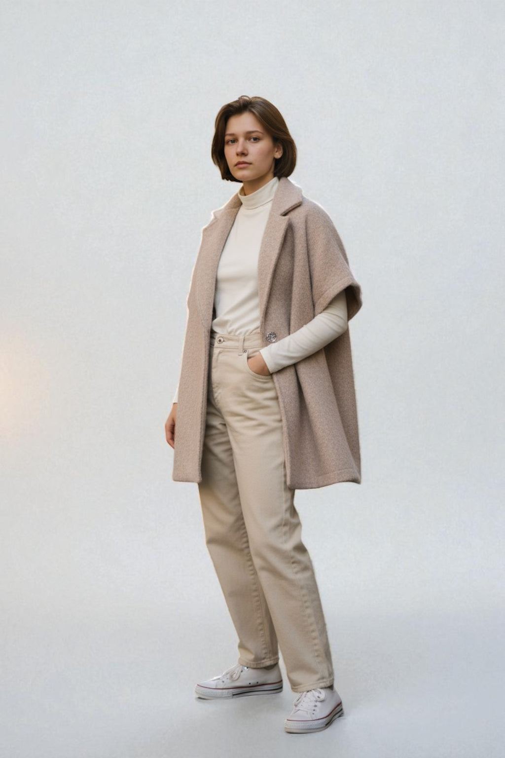 Women's Textured Wool Sleeveless Cape Jacket with Side Buttons