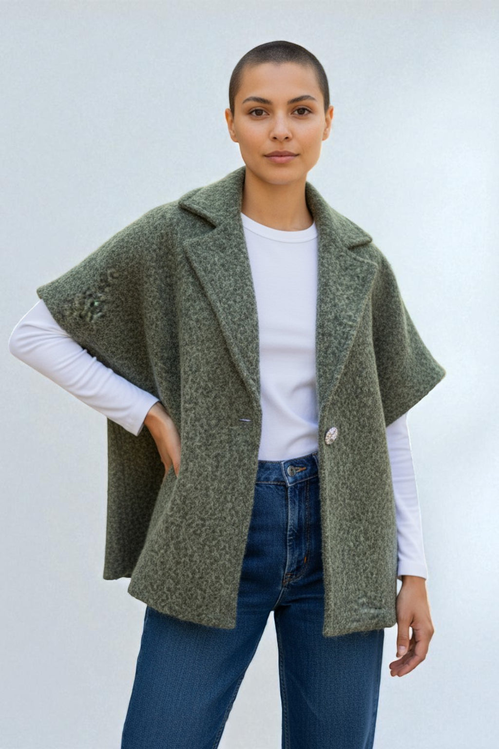 Women's Textured Wool Sleeveless Cape Jacket with Side Buttons