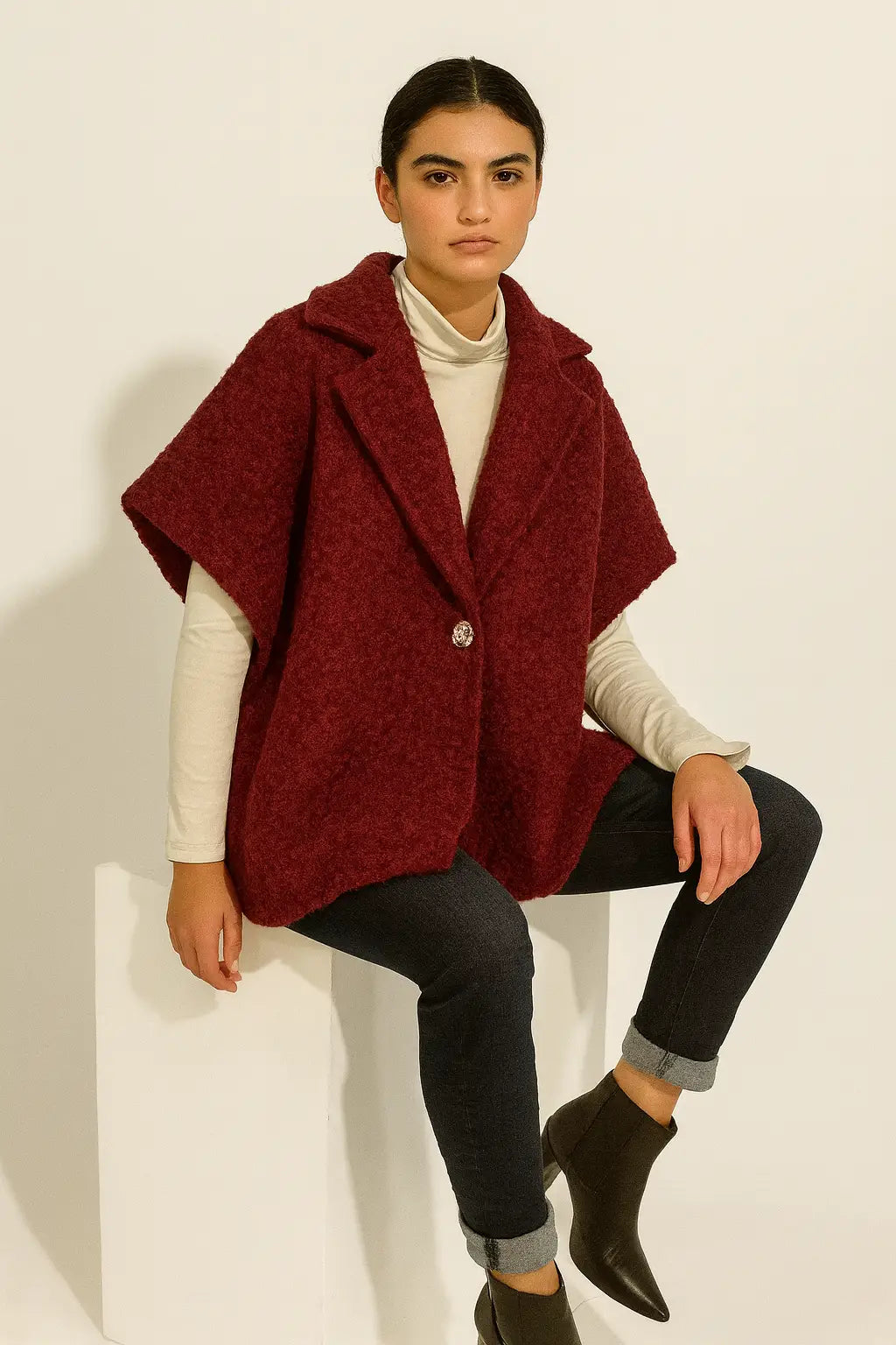 Women's Textured Wool Sleeveless Cape Jacket with Side Buttons