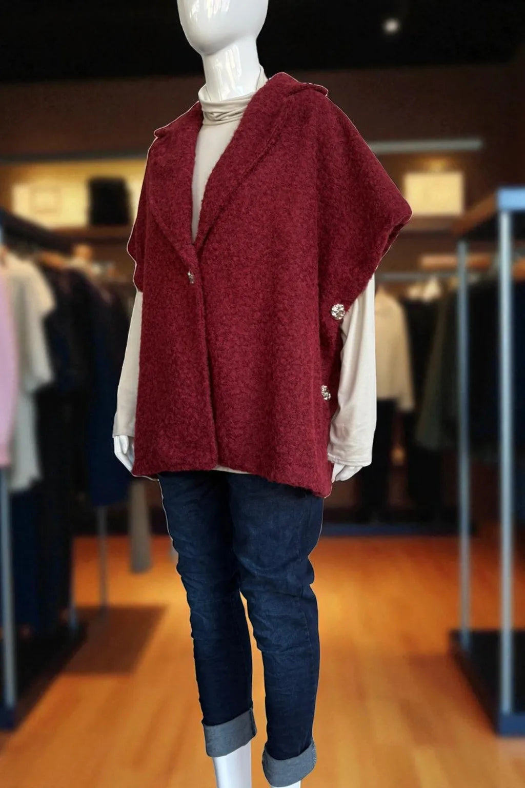 Women's Textured Wool Sleeveless Cape Jacket with Side Buttons