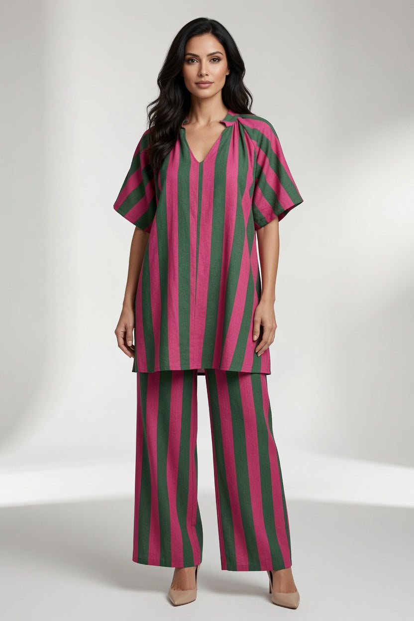 Stripe V Neck Balloon Sleeve Dress