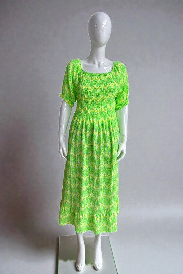 Shirred Elasticated Printed Waffle Cotton Bardot Dress