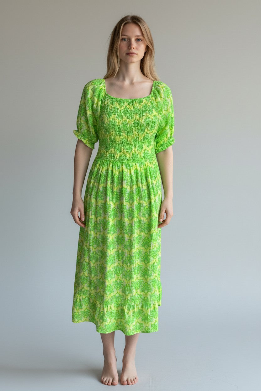 Shirred Elasticated Printed Waffle Cotton Bardot Dress