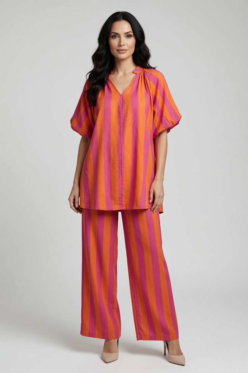 Stripe V Neck Balloon Sleeve Dress