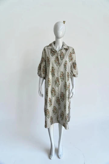 Cotton Puffball Sleeve stripe Floral Shirt Dress