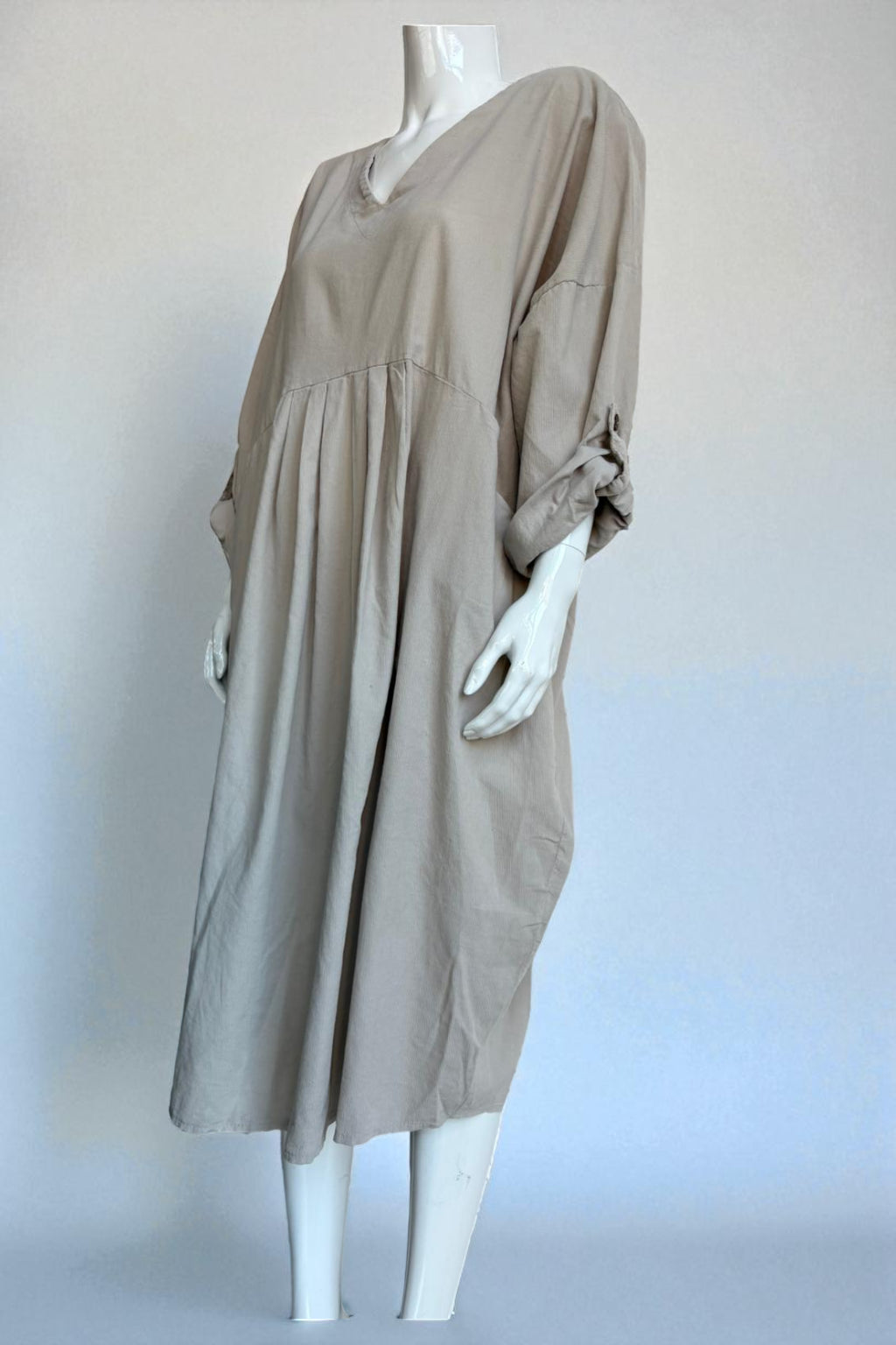 Made in Italy V Neck Corduroy Pleat Dress