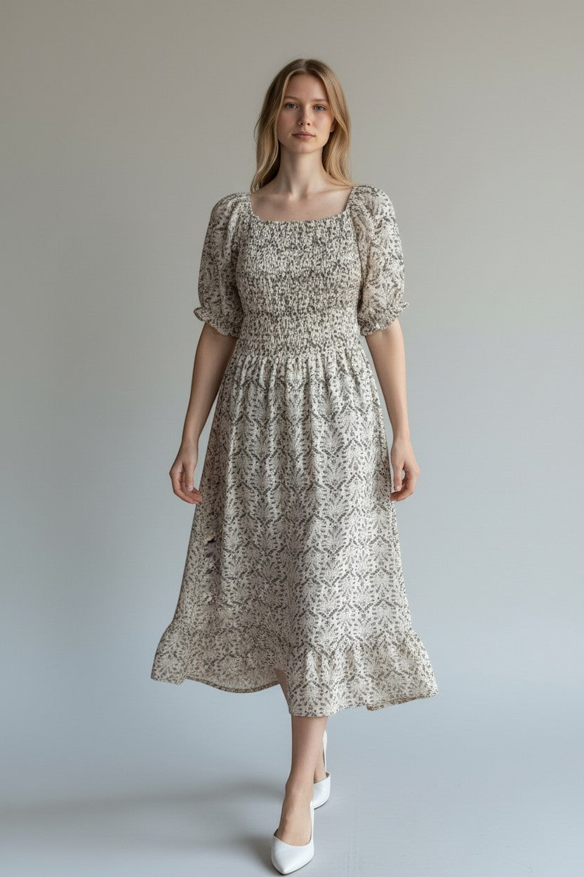 Shirred Elasticated Printed Waffle Cotton Bardot Dress