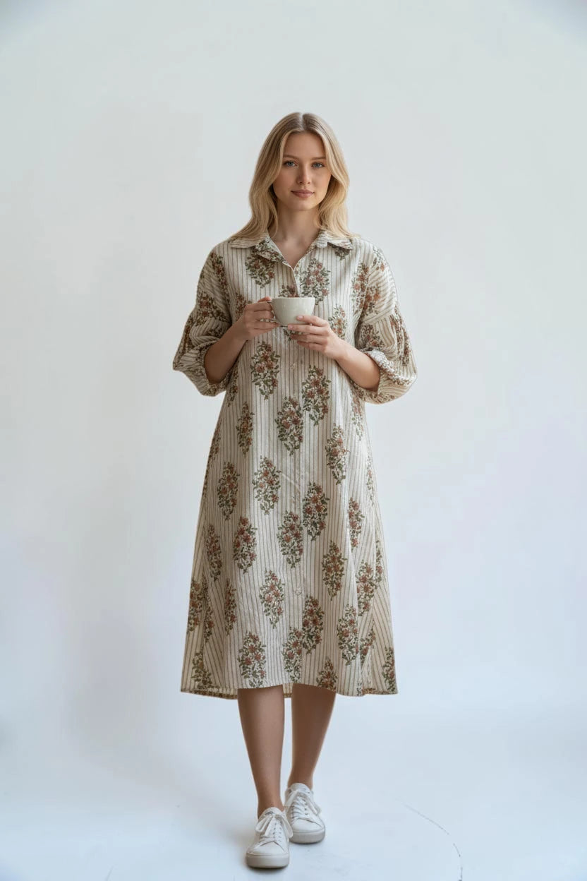 Cotton Puffball Sleeve stripe Floral Shirt Dress